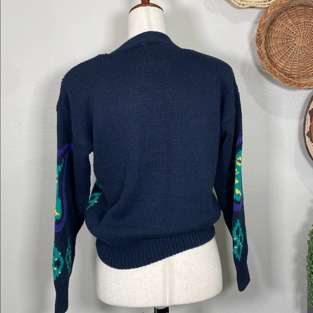 Vintage 90’s V-Neck Sweater Button up Cardigan Navy Teal Purple Size Small - Picture 4 of 15